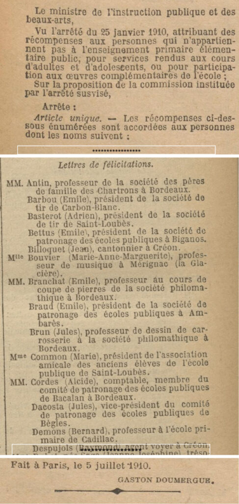 Extrait du Journal Officiel du 11 juillet 1910 (agrandir)